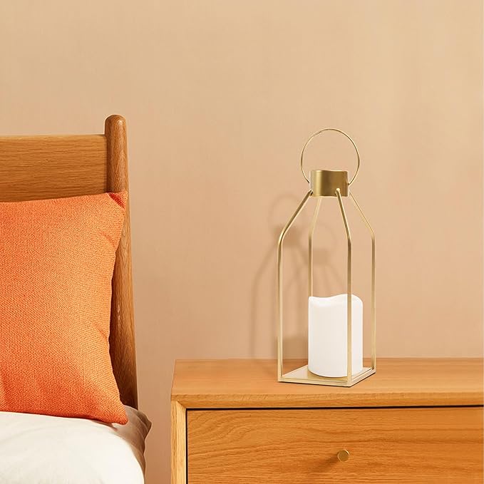 HPC Decor Modern Farmhouse Lantern Decor- Gold Metal Candle Lanterns for Christmas- Lanterns Decorative w/Timer Flickering Candles for Living Room, Home, Indoor, Outdoor, Table,Fireplace Mantle Decor