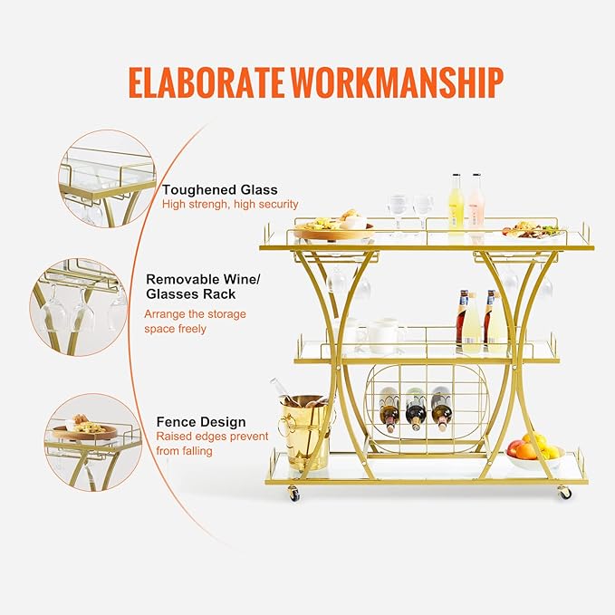 VEVOR Bar Cart Gold, 3 Tiers Home Bar Serving Cart on Lockable Wheels, Rolling Alcohol Cart with Tempered Glass Shelves Guardrail Wine Rack, Modern Wine Cart for Home Kitchen Dining and Living Room