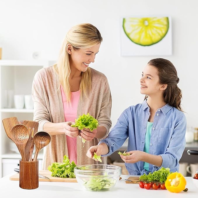 Wooden Spoons for Cooking,10 Pcs Natural Teak Wooden Cooking Utensils Wooden Kitchen Utensils Set Wooden Utensils for Cooking Wooden Spatulas for Cooking