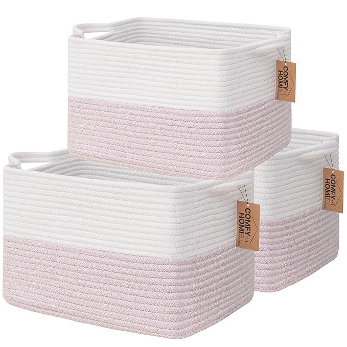 COMFY-HOMI 3PACK Cotton Rope Square baske with Handles for Shelves|Dog Toy baske Bin and Storage|Baby baske for Gift|Shoe baske for Organizing|13.5" x 11" x 9.5" for Living Room(White/Pink)