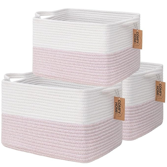 COMFY-HOMI 3PACK Cotton Rope Square baske with Handles for Shelves|Dog Toy baske Bin and Storage|Baby baske for Gift|Shoe baske for Organizing|13.5" x 11" x 9.5" for Living Room(White/Pink)