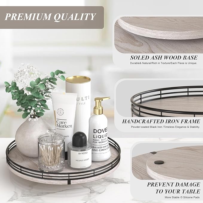 12" Farmhouse Lazy Susan for Kitchen & Coffee Table Decor β Rustic Wood Tray with Black Metal Frame, Decorative Centerpiece for Dining Room, Ottoman, Living Room, Serving or Vanity Use