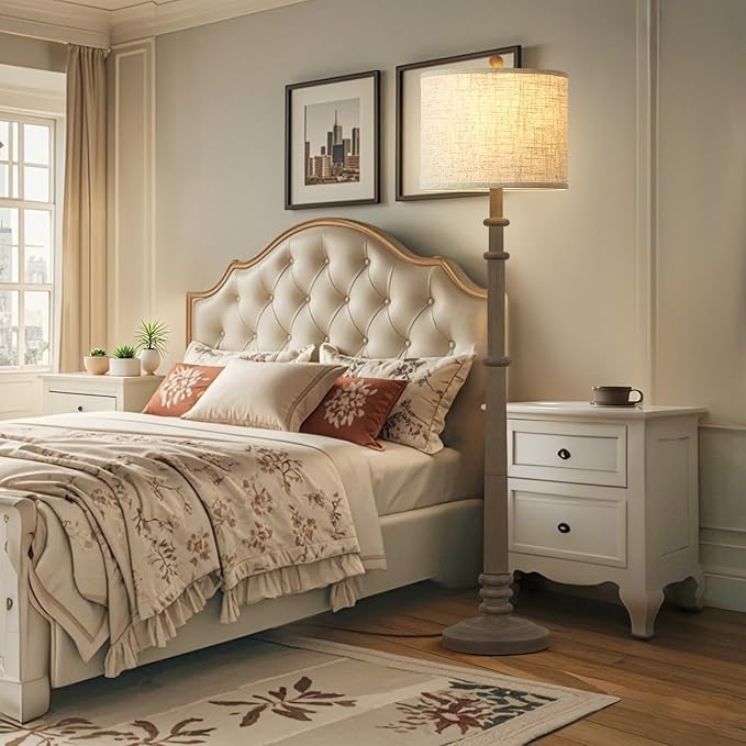 Floor Lamps for Living Room - 60" Resin Farmhouse Floor Lamp with 3 Color Temperatures - Vintage Standing Lamp Reading Light with Linen Shade Retro Tall Lamp for Bedroom Office, Grey