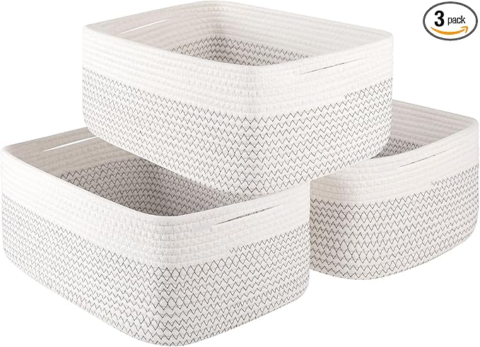 Storage Baskets for Organizing 3 Pack, Woven Baskets for Shelves, Closet Organizer Bins Empty Gift Basket Toy Storage for Toys, Books, Towels, Clothes, 15"x11.42"x6.7", White & Black