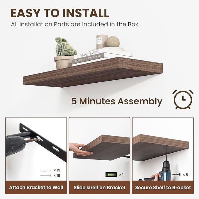 55 Inch Floating Shelves, 11.6 Inch Deep Floating Shelves for Wall, Floating Shelf with Invisible Brackets, Deep Shelves for Bathroom, Bedroom, Living Room, 1 Pack, Walnut