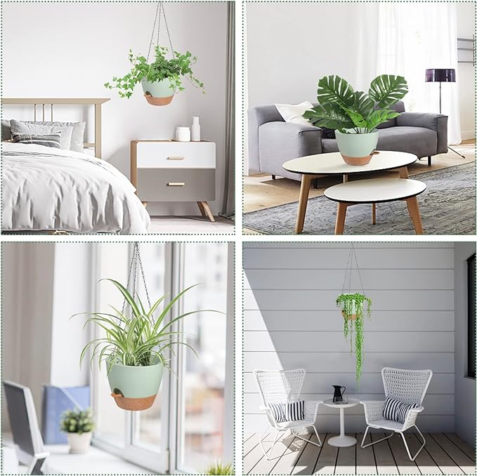 Hanging Planters for Indoor Outdoor Plants, 2 Pack Self Watering Hanging Pot with Drainage Holes & Removable Tray (Green, 10'')