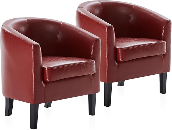 BELLEZE Accent Barrel Chair,Set of 2 Round Chair Club Tub Sofa Corner Chair with Flared Legs and Cozy Soft Padding for Living Room Bedroom Waiting Room - Red
