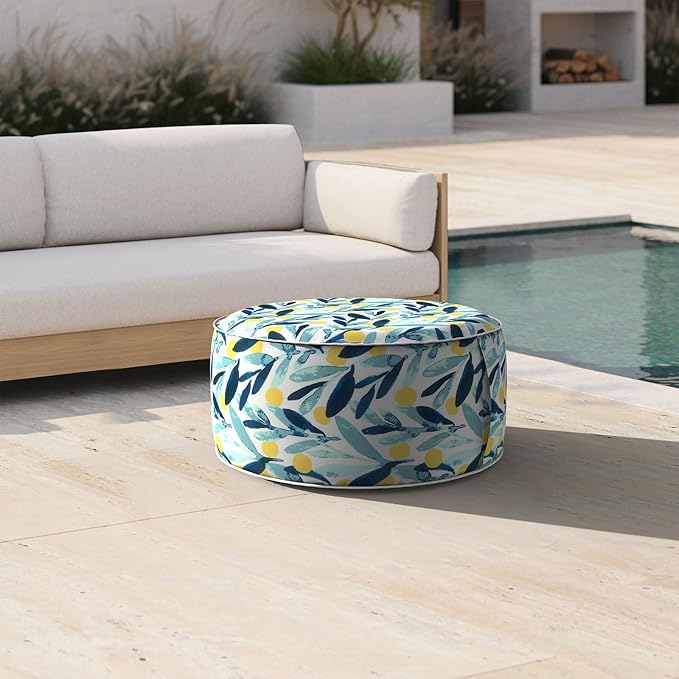 Inflatable Ottoman Stool D21 xH9 for Outdoor/Indoor Use, Water Repellent Patio Foot Rest Stool with Portable Handle,Round Pouf Ottoman Suitable for Garden,Deck and Camping - Leaves Multi