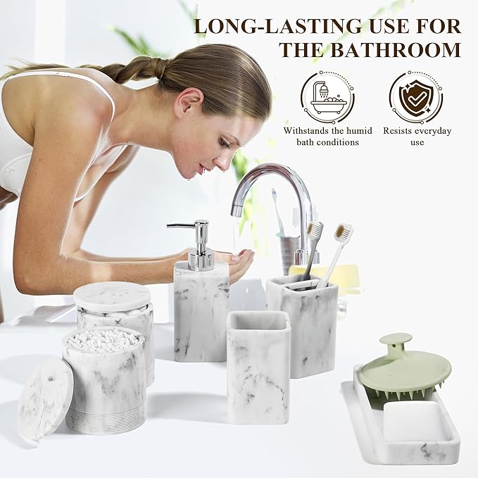 Bathroom Accessories Set, 6 Piece Bathroom Set with Toothbrush Holders, Soap Dispenser, Vanity Tray, Tumbler, Cotton Swab Jars, Bathroom Organizer,Bathroom Sink Sets, Artificial Marble White