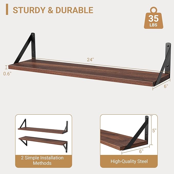 Heimlove Floating Shelves for Wall, 24 Inch Long Wood Floating Shelves Set of 3, Wall Mounted Hanging Shelf for Bathroom Bedroom Kitchen, Walnut