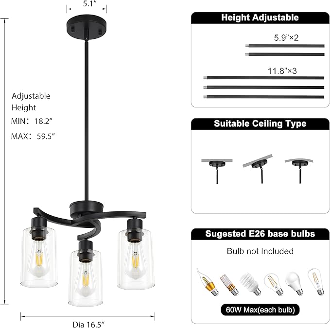 3 Light Modern Dining Chandeliers Over Table,Black Light Fixture for Dining Room,Farmhouse Chandelier with Glass Shade,Industrial Pendant Lighting for Kitchen Island,Foyer,Hallway, Bedroom