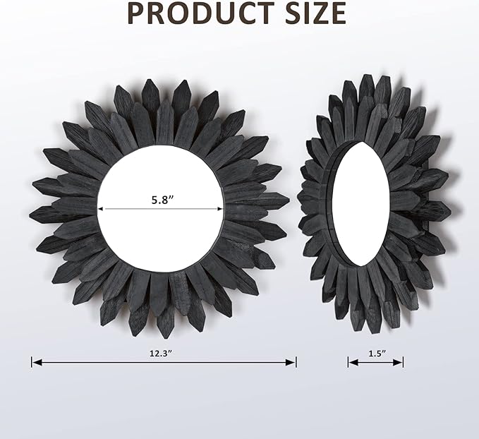 Honiway Black Wall Decor Wall Mirror 12 inch Boho Wall Decor Wood Decorative Mirror for Room Decor Home Decor for Bedroom Living Room Bathroom Kitchen Black