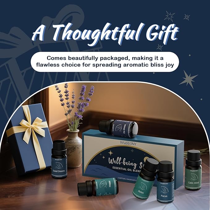 Well-Being Essential Blends Oils Set, Aromatherapy Oils Gift Set for Diffusers Home, Fragrance Oil Scent for Candle Soap Making - Happy, Calm Mind, De-Stress, Relax, Focus, Sweet Dreams