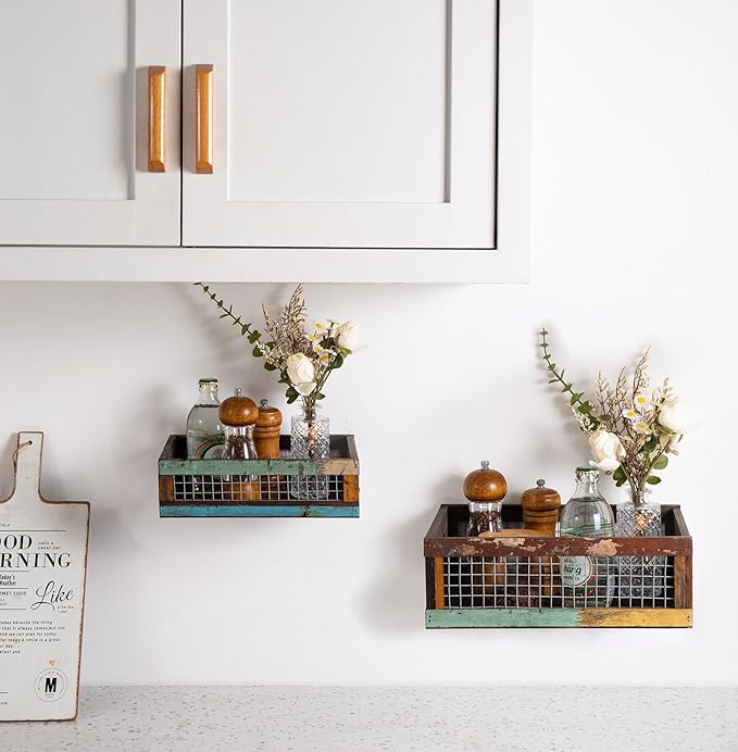 TIMRIS Set of 2 Rustic Wooden Countertop Baskets, Farmhouse Distressed Nesting Boxes, Small Decorative Wooden Storage Crates, Reclaimed Wood Organizer Baskets with Wire Mesh (Random)