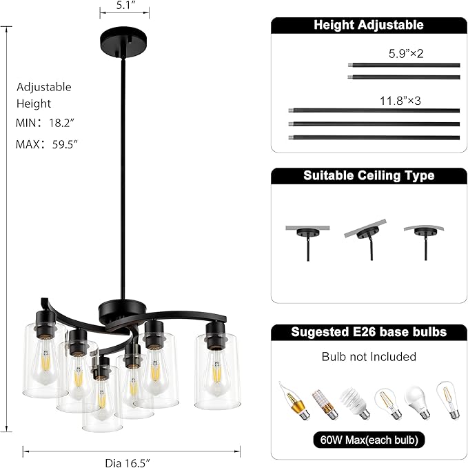 6 Light Modern Farmhouse Chandelier,Black Dining Room Light Fixture,Kitchen Pendant Lights Over Island with Glass Shade