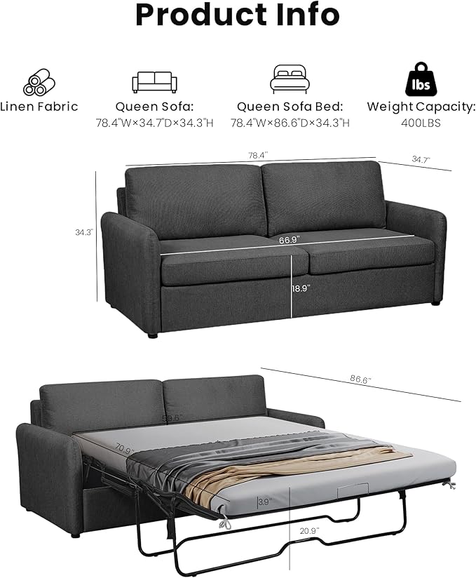 Queen Size Pull Out Sofa Bed, Convertible Sleeper Sofa Couch with Pullout Bed, 2 in 1 Sofa Bed Couch with Memory Foam Mattress for Living Room Office, Space-Saving, Dark Grey