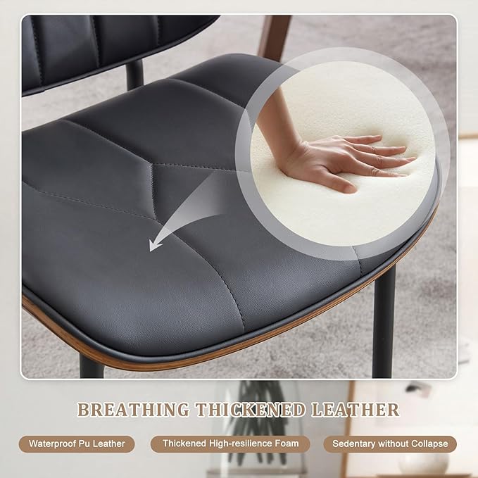 BV Mid Century Modern Dining Chairs Set of 2, Upholstered Pu Leather Accent Chair with Walnut Bentwood Back, Armless Kitchen Chair for Dining Room, Living Room, Kitchen, Black