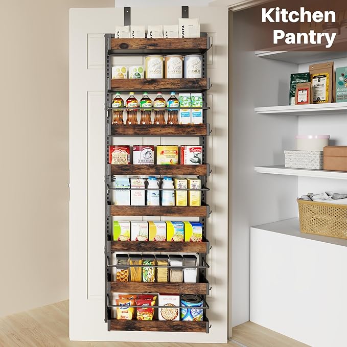8 Tier Over The Door Pantry Organizer, 2 IN 1 Wall Mount or Metal Hanging Spice Rack for Pantry Organizers and Storage, Seasoning Shelves,Adjustable Basket with Hooks for Kitchen, Bathroom,Laundry