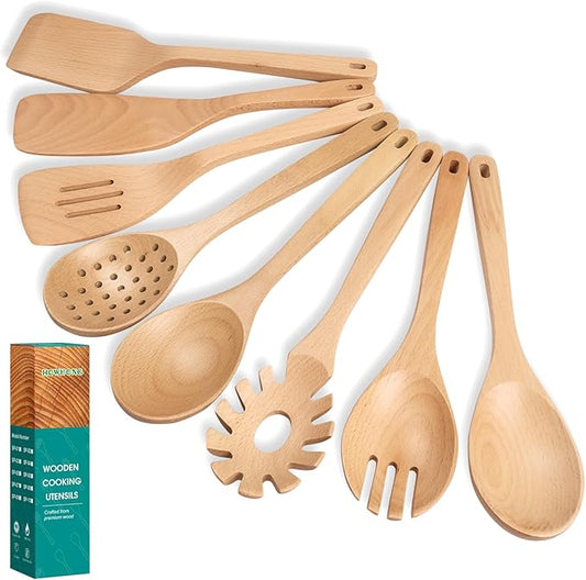 Wooden Spoons for Cooking, 8 Pcs Beech Wood Wooden Kitchen Cooking Spoon Utensil Tools Set Includes Spatula Skimmer Pasta Scoop Non-Stick Cookware Safe by HOWHONG