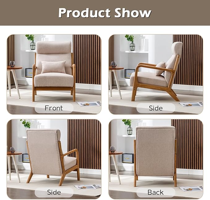 INZOY Mid Century Modern Accent Chair Set of 2, High Back Reading Armchair with Wood Frame, Upholstered Living Room Chairs with Waist Cushion, Single Lounge Arm Chair for Bedroom Sunroom, Beige