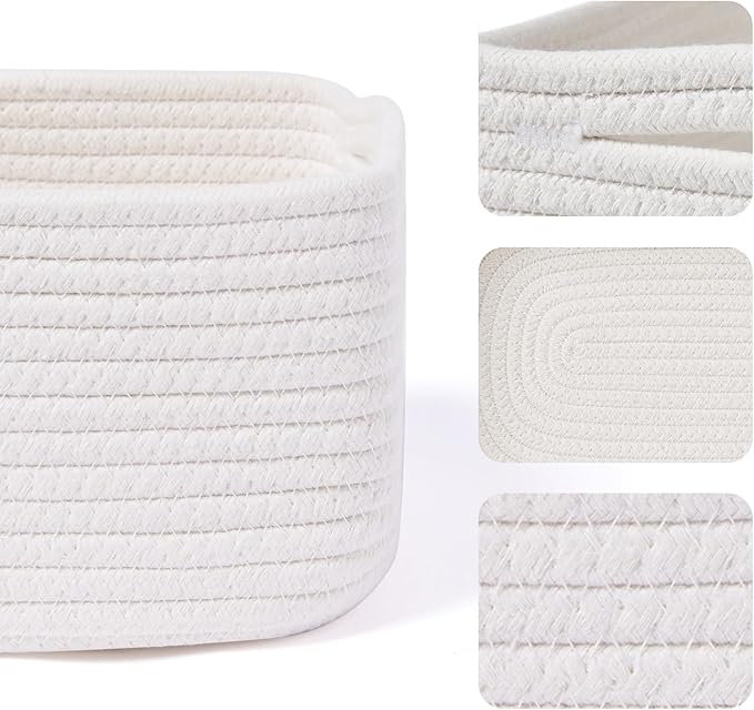 Small Storage Baskets for Organizing | Closet Organizer Bins | Shelf Toy Basket | Woven Rope Baskets | Cube Decorative Box | Shallow Basket | 13x8.5x5.1” | 4 Packs Off White