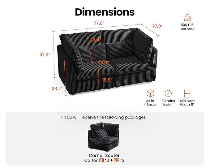 Oversized Modular Sofa, Extra Deep Cloud Corduroy Sectional Couch with Ottoman Chaise, Fluffy Corduroy 2 Seater Sofa Bed for Living Room, Villa (Loveseat Sofa, Corduroy Black)