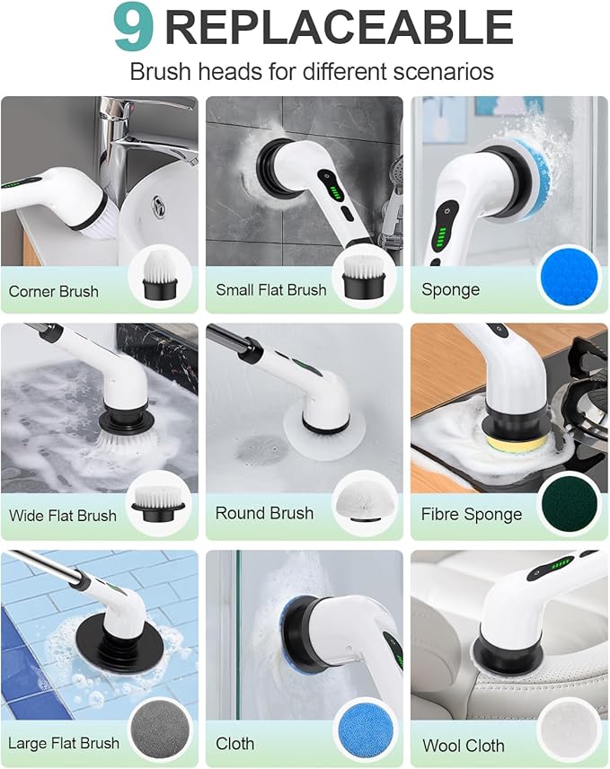 Electric Spin Scrubber, Cordless Shower Scrubber Rotary Floor Brushes & Pad Drivers with 9 Brush Heads - 2H Dual Speed, IPX7 Waterproof Extension Handle for Bathroom Tile Car Cleaning, Whtie-Q