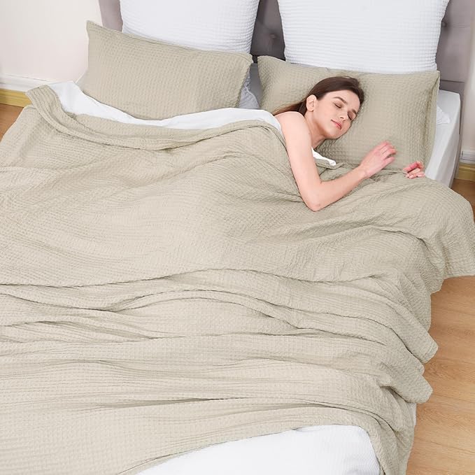 PHF Ultra Soft Waffle Weave Blanket Queen Size 90"x 90"- Washed Lightweight Breathable Cozy Woven Blanket for Bed - Aesthetic Decor for Couch Bedding Sofa Home Car - Light Khaki/Linen