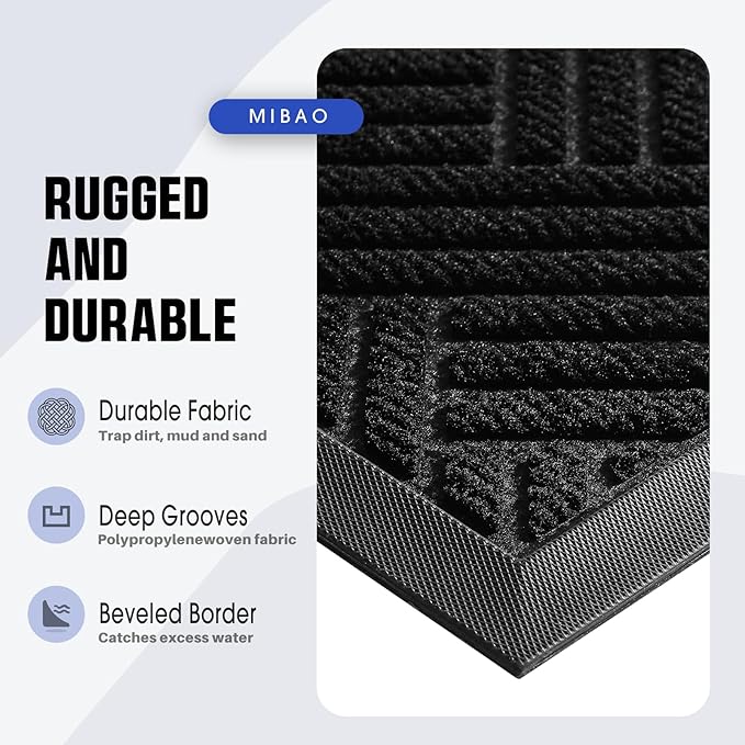 Mibao Front Door Mat Outside Entrance, Durable Outdoor Indoor Mat, Low Profile Heavy Duty Doormat, Non-Slip, Traps Dirt and Moisture, Easy Clean Patio Porch Entryway Mat, 24" x 36", Black