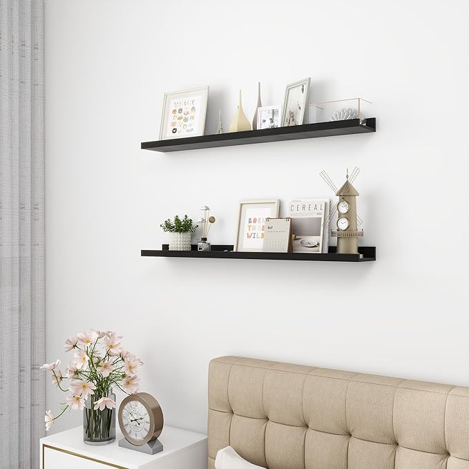 Picture Ledge Shelf, Wood Floating Shelves Set of 2, 36 inch Picture Ledge Shelves, Photo Ledge Nursery Book Shelves Wall Mounted for Living Room Kids' Room Bedroom, Color Black