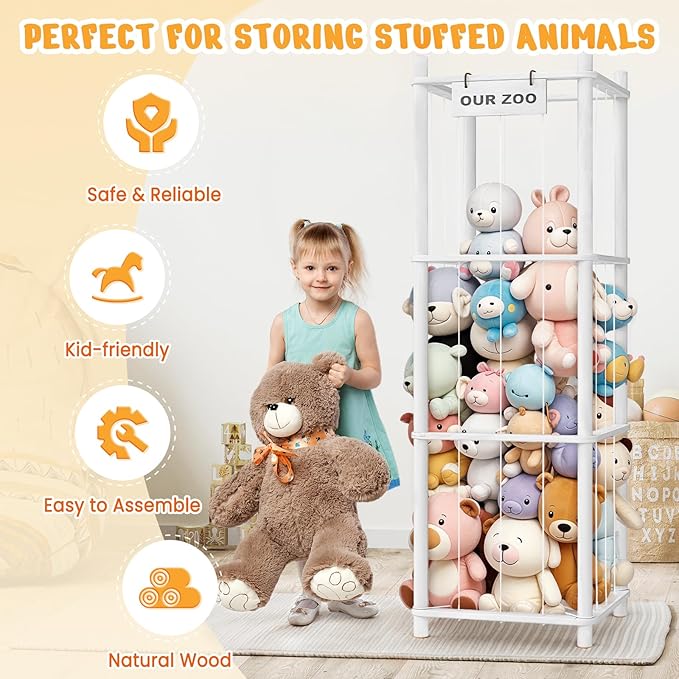 Stuffed Animal Storage & Organizer, Wooden Cute Zoo Toy Holder for Toddler Rooms, Playrooms & Bedrooms(White)