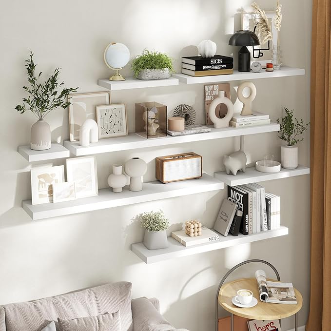 55 Inch Floating Shelves for Wall Set of 2, 8"D Wood Grain Bathroom Shelves with Invisible Brackets, Easy Install Engineered Wood Storage Shelves for Kitchen, Living Room, Bedroom, White Finish