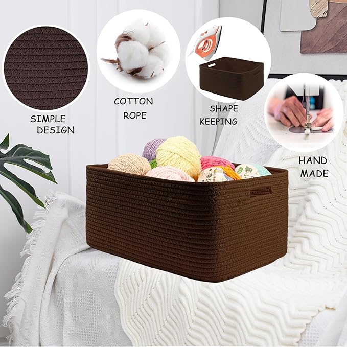 COMFY-HOMI Cotton Rope Woven Basket with Handles for Shelves,Toys,Book, Cloth Storage Baskets for Organizing-17" x 13" x 7.5" Toy Decorative Organizer for Living Room, Bathroom (dark brown)