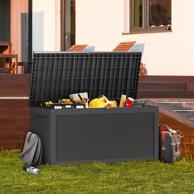 Large Deck Box 260 Gallon, Resin Patio Storage Box with Lockable Lid for Patio Furniture, Garden Tools, Pool Accessories, Weatherproof Outdoor Storage Bin, Black