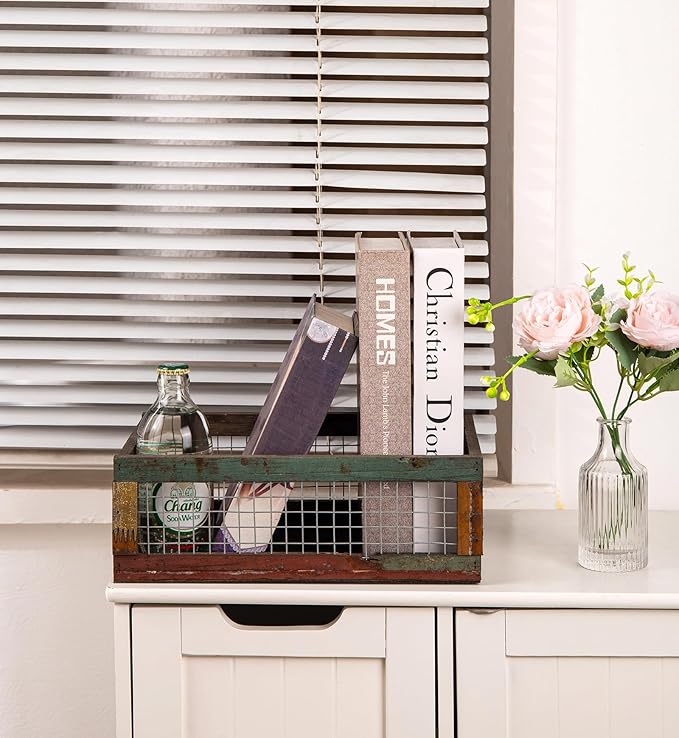 TIMRIS Set of 2 Rustic Wooden Countertop Baskets, Farmhouse Distressed Nesting Boxes, Small Decorative Wooden Storage Crates, Reclaimed Wood Organizer Baskets with Wire Mesh (Random)