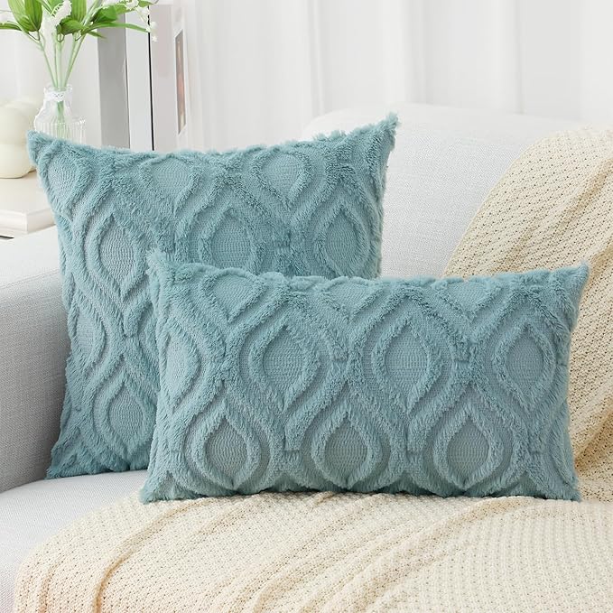 decorUhome Fall Throw Pillow Covers 12x20 Inch Set of 2, Soft Plush Decorative Faux Fur Aqua Solid Couch Pillow Covers, Accent Farmhouse Neutral Lumbar Euro Pillow Cases for Sofa Bed Living Room