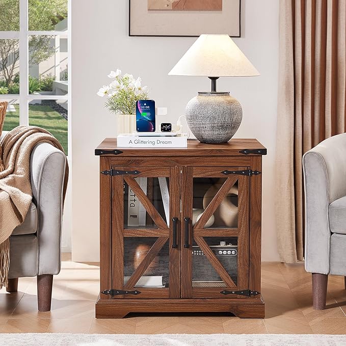24" End Table with Charging Station, Farmhouse Night Stand with Glass Barn Door, Green Nightstands with Adjustable Storage Shelf, Large Wood Square Bed Side Table for Living Room, Bedroom