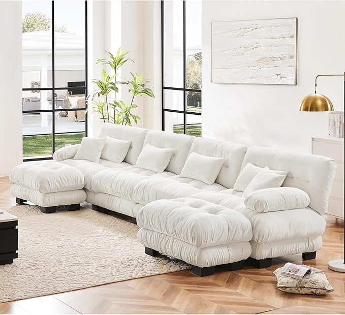 U Shaped Couch Sectional Couch, 4-Seater Cloud Couch Sectional Oversized Couch, Sofa Bed Couch with Round Bolster Armrests 6 Pillows, Modular Couch Home Sofa Living Room Couch(White)