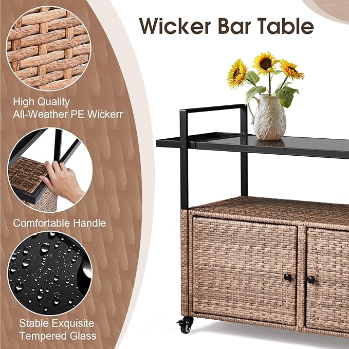 VINGLI Wicker Outdoor Bar Cart with Storage and Wheels, Outdoor Bar Table Serving Cart Rattan Bar Cart with Glass Top and Shelf for Pool, Party, Backyard, Porch (Brown)