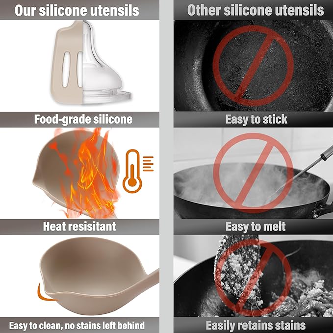 QMVESS Silicone Cooking Utensils Set, Kitchen Utensils Set 7 Pcs with Long Wooden Handle, Food Grade and Heat Resistant Large Silicone Spatula Set for Nonstick Cookware, BPA Free(Khaki)