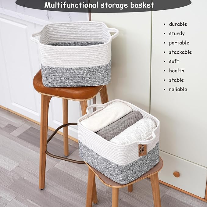 COMFY-HOMI 3-Pack Cotton Rope Woven Basket with Handles for Shelves, Book, Cloth Basket|Dog Toy Basket for Organizingy|13.5" x 11" x 9.5" for Bedroom(White/Grey)
