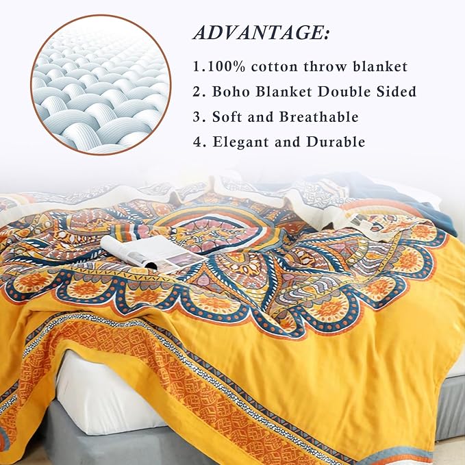 Snycler Boho 100% Cotton Throw Blanket, Decorative Muslin Boho Throw Blanket, Soft Cozy Colorful Bohemian Floral Reversible Blanket with Tassels for Chair Couch Bed Sofa Room Decor, 80x90 Inch