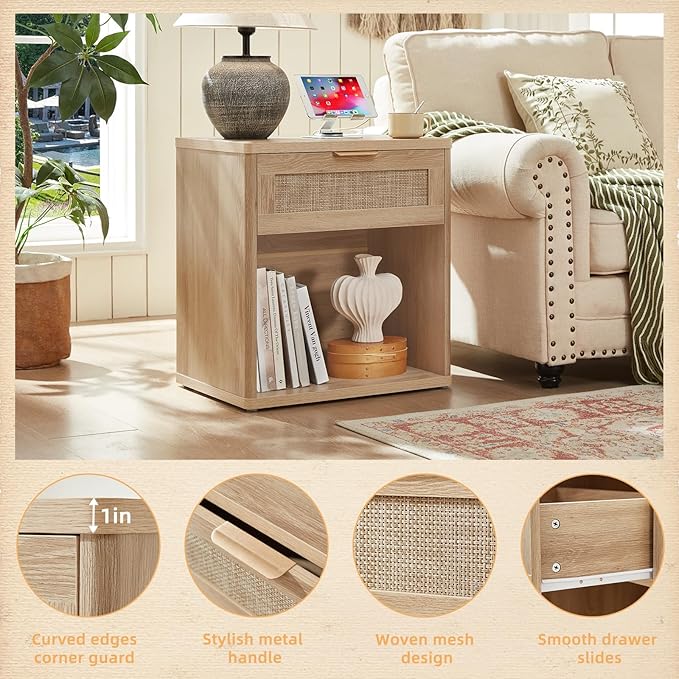 LEYAOYAO Boho Rattan Coffee Table Sets 3 Pieces, Nightstand with Charging Station and Coffee Table with Hidden Storage Compartment, Natural Living Room Table Set, Wood Furniture Sets for Home Office