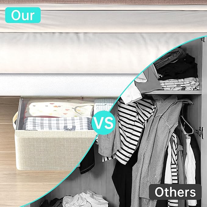 3PCS Under Bed Storage Bins with Metal Frame, Linen Fabric Frame Storage Box Clothes Organizer Bins, Underbed Container with Clear Window (Beige, 23.6 x 13 x 6IN)