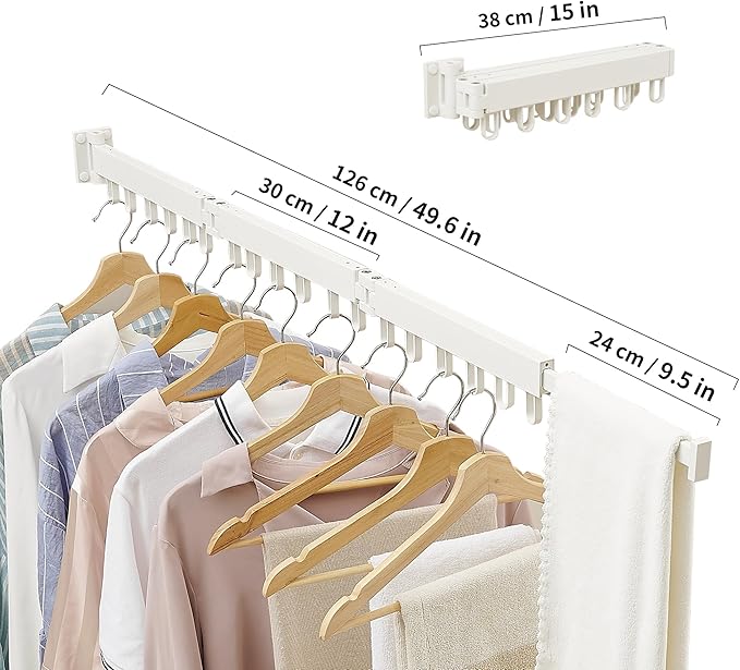 Clothes Drying Rack Wall Mounted, Laundry Drying Rack Collapsible, Space Saving Wall Drying Rack Clothing Foldable, Tri-Fold Retractable Rack Outdoor Indoor with 18 Hooks(White,Loop-Shape Hooks)