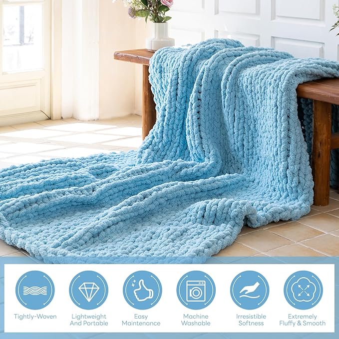 Chunky Knit Blanket - Luxury Soft Cozy 40 * 50 Throw Blanket,100% Woven Blanket Rope Knot Throw Blanket for Couch, Sofa, Home Decor, Gift - Machine Washable(Light Blue)
