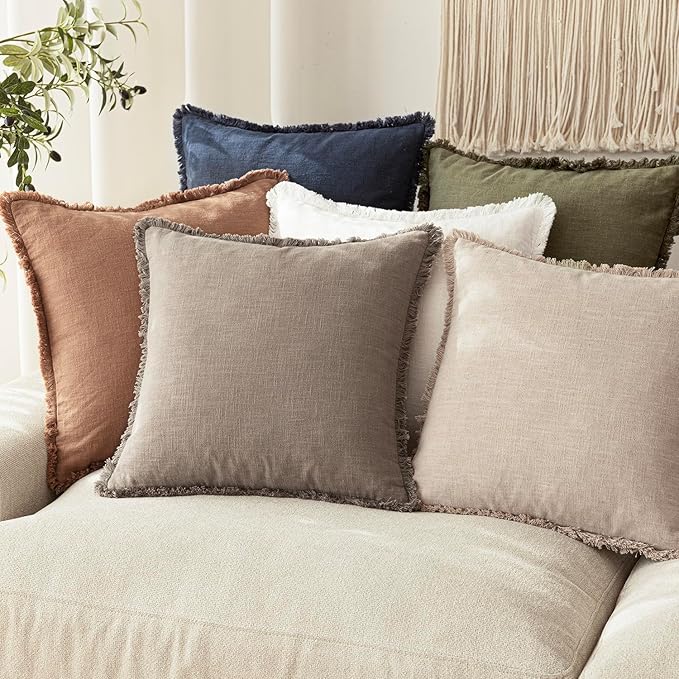 Foindtower Decorative Linen Fringe Throw Pillow Covers Cozy Boho Farmhouse Cushion Cover with Tassels Soft Accent Pillowcase for Chair Sofa Bed Living Room Home Decor, 22×22 Inch,1PC,Brown Tan