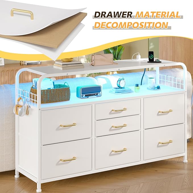 TV Stand for Bedroom with LED Lights & Charging Station, 7 Drawer with Open Shelf, Media Console for Living Room & Chest of Drawers for Closet, Entryway, Hallway, 4 Hooks, White