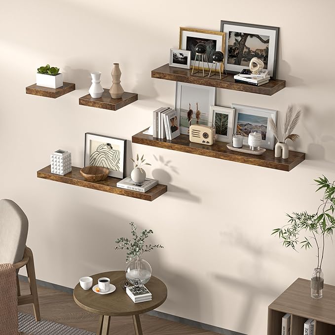 Floating Shelves for Wall, 31.5"W x 6.7"D x 1.5"H, Wooden Wall Mounted Display Shelf with Invisible Brackets for Living Room, Bedroom, Bathroom, Kitchen Decor & Storage, Set of 2, Rustic Brown