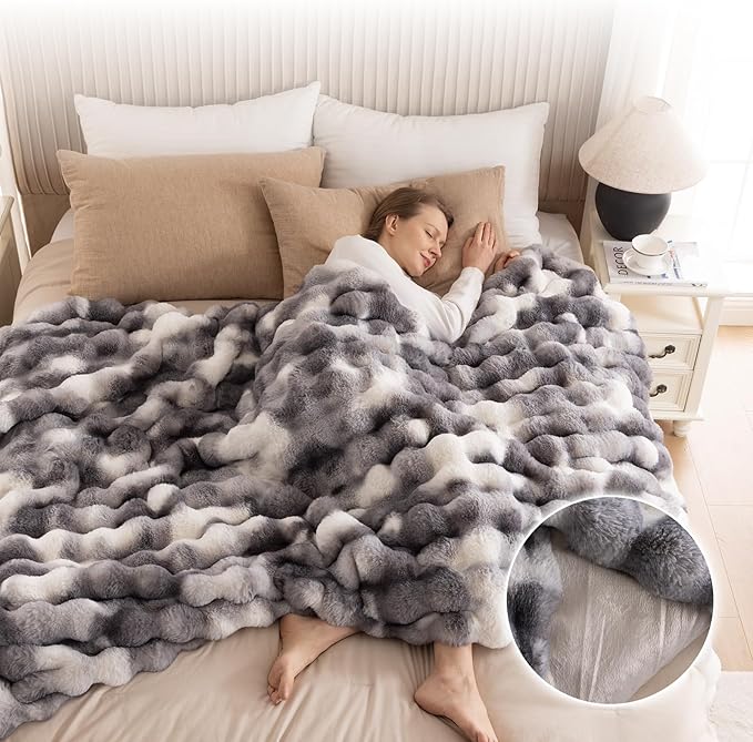 Cozy Faux Fur Throw Blanket for Bed-Warm Fuzzy Throw Blanket, Soft Plush Thick Bubble Blankets for Bedroom and Living Room, Furry Luxury Blanket, 90 x 108,Tie-Dye Grey